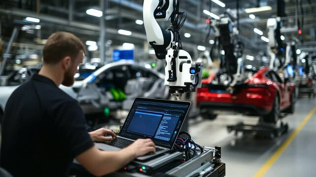 A tech-savvy automotive engineer uses a laptop to analyze the robotic arms on the car assembly line, ensuring that each stage of production meets the high standards of the automoti