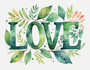 Watercolor illustration of the word 'love' surrounded by lush green leaves, perfect for romantic and sentimental occasions