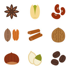 Set of food icons including nuts, seeds, and spices for culinary use.