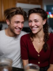 Joyful Young Couple Smiling and Laughing Together at Night Indoors with Bokeh Lights in Background