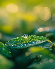 Macro photography at 300 ppi of a water droplet resting on a leaf, showcasing a dewdrop