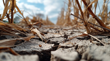 Fototapeta premium Ecological collapse Concept ,Dried cracked soil with withered crops under blue sky evokes sense of drought and desolation