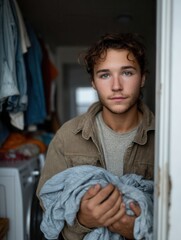 Young Man Doing Laundry in Closet with Laundry Basket and Clothes in Hand