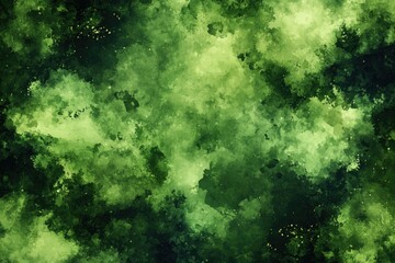Abstract painting of swirling, layered greens and dark backgrounds.  Clusters of faint golden specks scattered across
