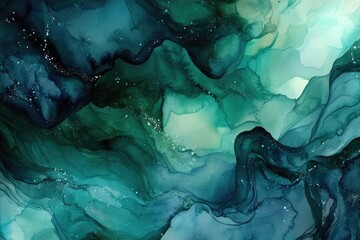 Abstract painting featuring flowing, deep teal and emerald green hues, with hints of silvery-gold shimmer, creating an ethereal underwater or space-like scene