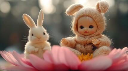 Obraz premium Baby doll, bunny, flower, garden, sunset, spring, soft, cute, children's book illustration