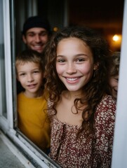 Happy family enjoying time together at open window during evening sunset