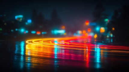Night City Lights Trails with Rainy Road, and Urban Blur.