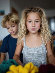 Two Young Children Playing and Crafting Together at Home with Yarn and Materials in a Cozy Interior Setting