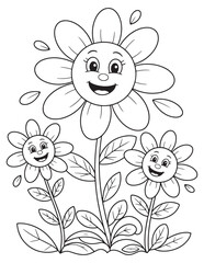 Cartoon Daisy with Smiling Face and Baby Buddies – Coloring Page Design
