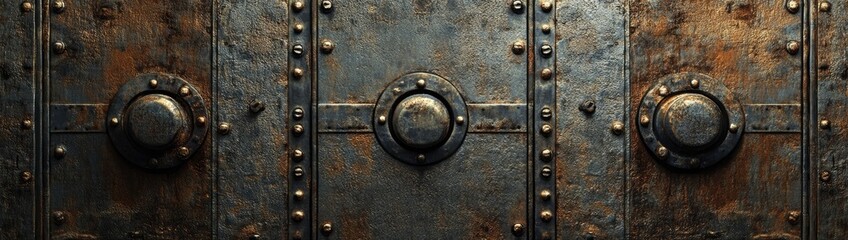Aged, Rusty Metal Panel with Ornate Hardware