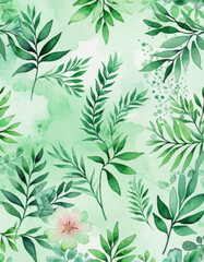 Fototapeta premium Watercolor illustration of lush green leaves and colorful flowers, perfect for nature-inspired designs