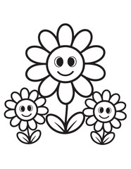 Cartoon Daisy with Smiling Face and Baby Buddies – Coloring Page Design