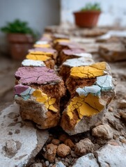 Crumbling colorful concrete blocks with cracks and peeling paint, near potted plants and natural surroundings