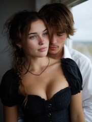 Close-up of a romantic couple with the woman in the foreground near a window indoors