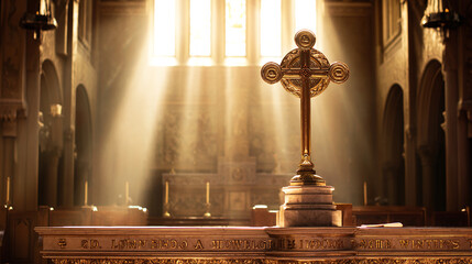 Church interior with cross and light rays religious building architecture worship place
