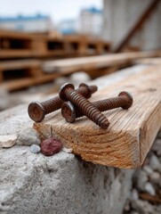 Rusty construction screws on a wooden beam at a building site with blurred background