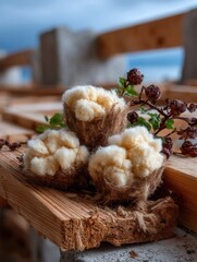Organic Raw Cotton Balls with Dried Rose Branch on Rustic Wooden Surface Outdoors
