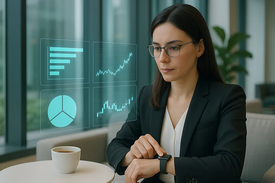 Businesswoman Reviewing Financial Data on Smartwatch, Smartwatch Hologram Concept