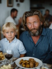 Warm Family Meal Gathering with a Man and a Young Boy Celebrating Together