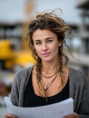 Portrait of a Confident Woman with Wavy Hair Holding Papers in an Urban Outdoor Environment