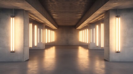Minimalist Concrete Hallway Illuminated by Vertically Hanging Tube Lights
