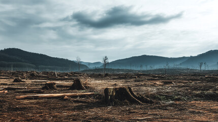 Deforestation landscape photography showing destruction and logging in a forest area view