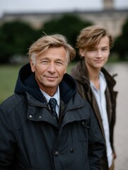 Close-up of mature man and young man standing outdoors in casual clothing, blurred background