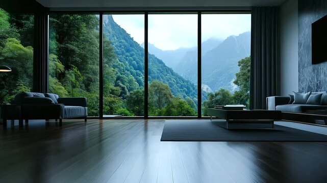 Airy and contemporary living room with minimalist design, neutral tones, and large windows that flood the space with natural light, showcasing the beauty of the wooden floor and sl