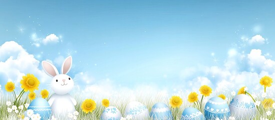 Springtime Easter scene with a white rabbit, decorated eggs, and wildflowers against a clear blue sky