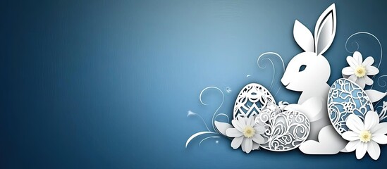 White Easter bunny with eggs and flowers on a blue background