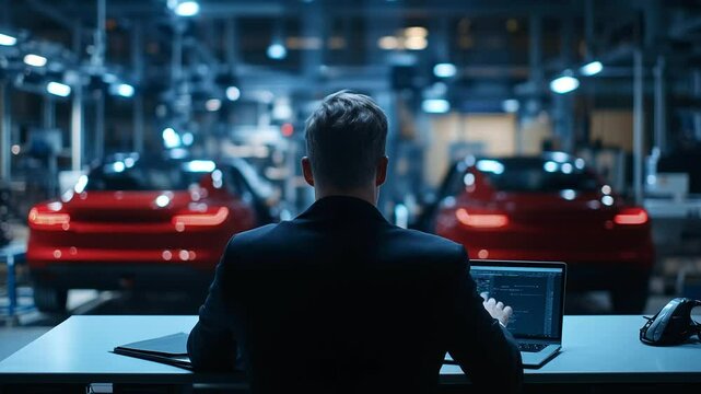 Automotive engineer observes the robotic car assembly line on a laptop, using advanced manufacturing technology to ensure high-quality production in an industry . environment