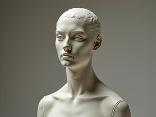 ceramic sculpture, mannequin. A woman's head is shown in a white pose. The pose is very simple and the woman's face is not very detailed. The image is of a mannequin head