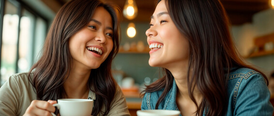 Two asian female friends laughing and having fun in a cafe with a coffee