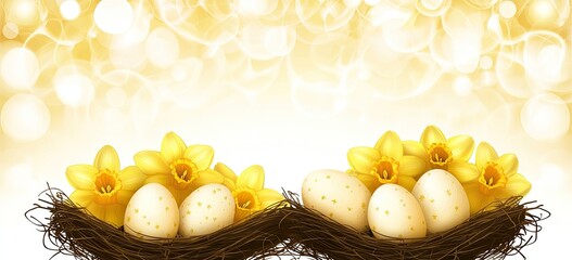 Springtime nest with eggs and daffodils