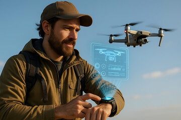Man Controlling Drone with Smartwatch, Smartwatch Hologram Concept