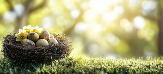 A bird's nest nestled on the grass, filled with eggs and flowers, bathed in sunlight