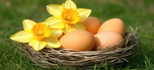 Spring eggs nestled in a bird's nest, surrounded by bright yellow daffodils
