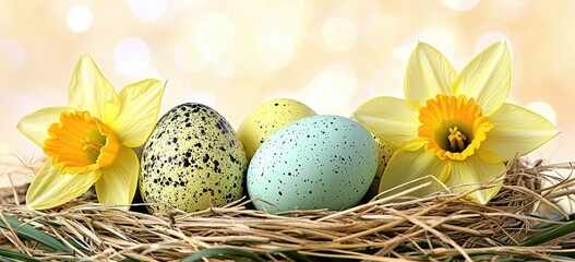 Easter eggs and daffodils in a nest