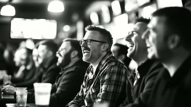 Cheers and laughter fill the air in a lively sports bar, a group of men sharing the thrill of a close football match, each hoping for their team's win