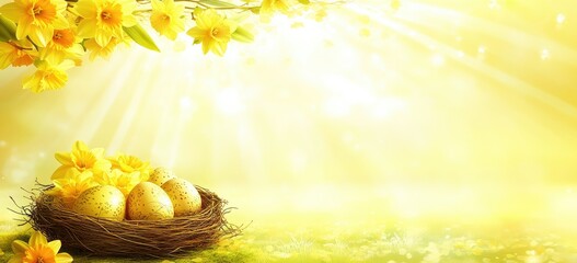 Springtime Easter nest with golden eggs,  bright yellow daffodils, and soft sunlight