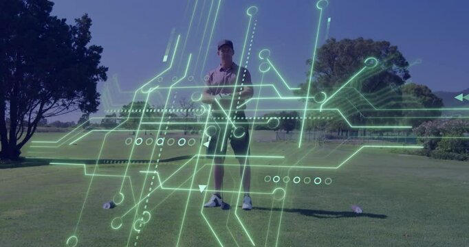 man golfer standing on teeing ground holding club, highlighting neon circuit overlay for technology