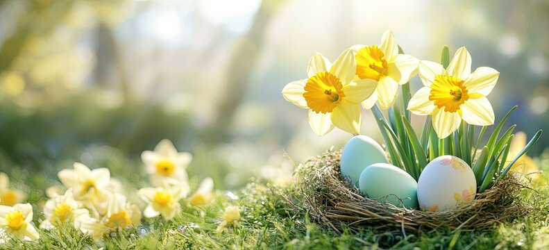 Spring blossoms and pastel eggs in a gentle meadow