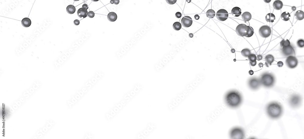 Poster abstract image of interconnected gray spheres representing network, connection, or technology.