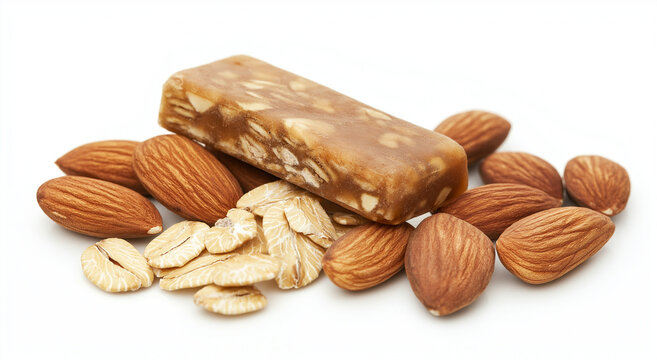 barra de prote&iacute;na energ&eacute;tica feita com am&ecirc;ndoas, nozes mistas e aveia isolada em fundo branco, lanche saud&aacute;vel e nutritivo para viagem