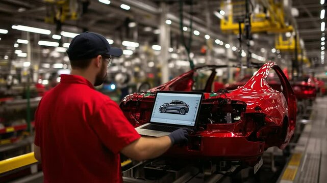 Close-up of an engineer managing a laptop at an automotive factory, overlooking robotic car production. The tech integration with human expertise in automotive manufacturing define