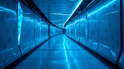 Close-Up of a Futuristic Hallway with Blue Neon Lighting – Microphotography of Reflective Surfaces and Abstract Wall Designs