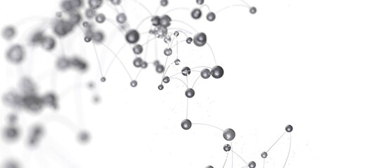 Stock photo of an abstract network connection, featuring silver spheres linked by thin lines on a white background. Ideal for technology, communication, an