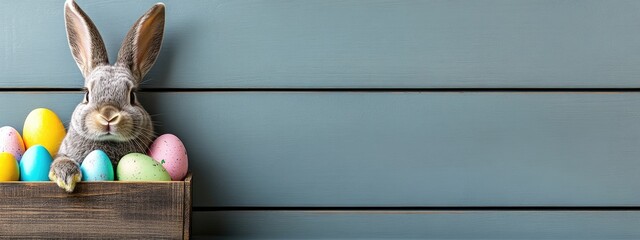 Cute gray bunny in a wooden crate with colorful eggs against a light blue wall