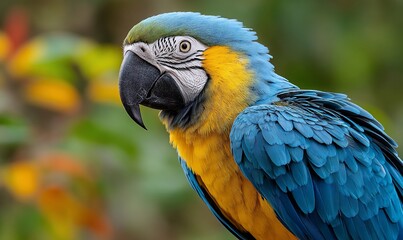 Obraz premium Vibrant blueandgold parrot portrait in lush foliage